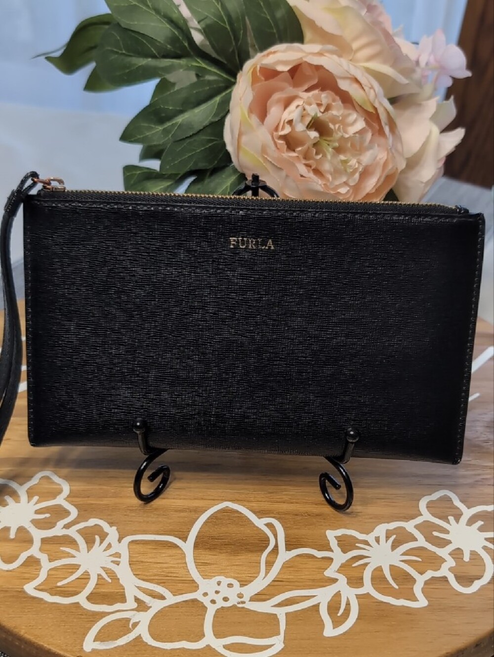 Furla Black Saffiano Leather Wristlet with Gold Logo - Picture 6 of 8